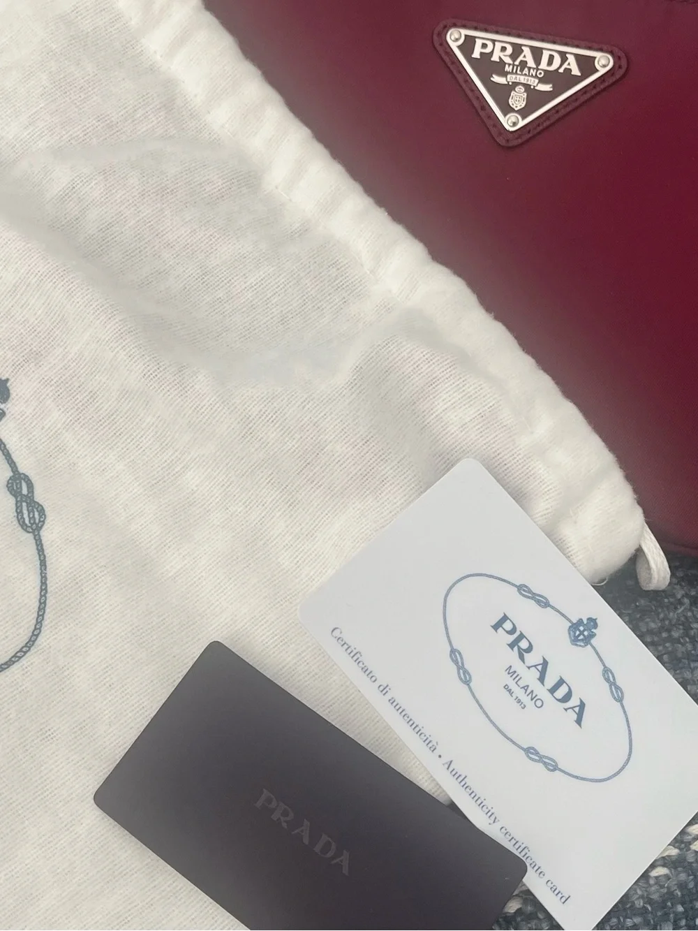 Prada Deep Burgundy Nylon Wristlet Clutch with Logo Plaque